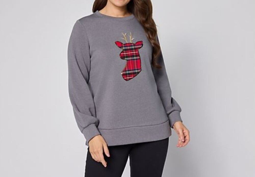 Jingle Belles Kim Gravel Med Gray Tartan Merry Christmas Sweatshirt A708254 NWOT